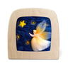 A Toverlux lamp featuring an artwork of a glowing angel with yellow wings and stars on a deep blue felt background, set against a plain white studio background.