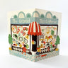 Toy-themed greeting card with colorful illustration of a toy store front on a white background