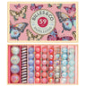 Billes & Co 59-piece collection of glass marbles in a pink gift box with butterfly illustrations on the lid.