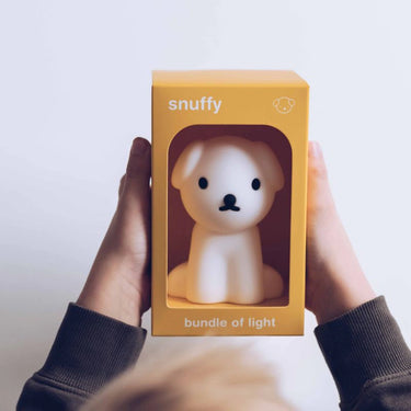 Person holding a 'snuffy' bundle of light packaging against a white background