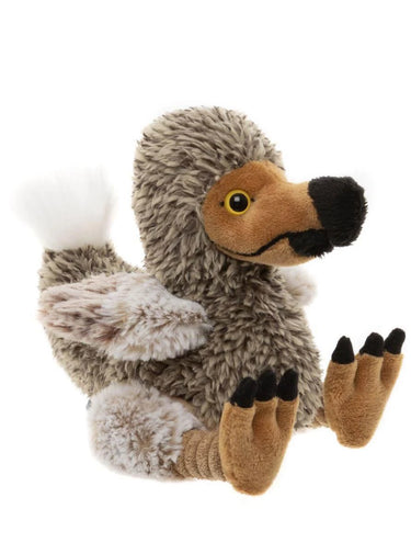 A plush toy bird with shaggy gray-brown feathers, tan beak and feet, black claws, and a white tail, photographed on a plain white background.