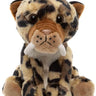 A plush toy of a sabre tooth tiger, with black and tan spots, brown ears and muzzle, white tusks, and a white chest patch, set against a plain white background.