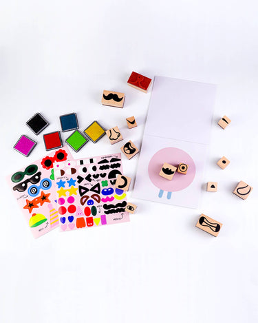 Colorful stamp set with various designs on a white background