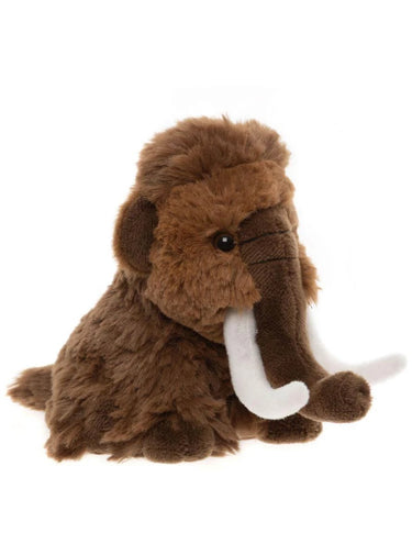 A brown plush woolly mammoth toy with long white tusks, photographed against a plain white background.