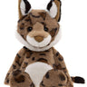 A plush toy of a lynx, featuring brown and black stripes, white accents on the face and belly, and long pointed ears with black tufts, set against a plain white background.
