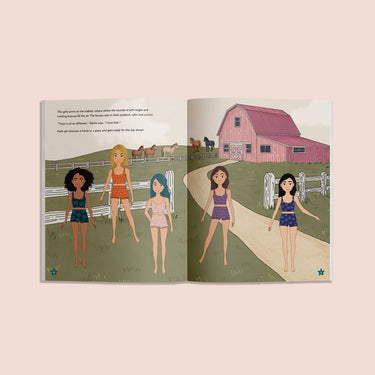 Illustrated book open to two pages showing a girl at a rodeo and another at a barn.