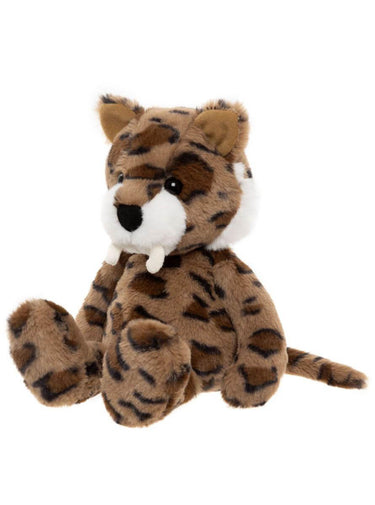 A plush toy cat with brown and black tiger-like stripes, a white muzzle, and small white tusks, photographed on a plain white background.