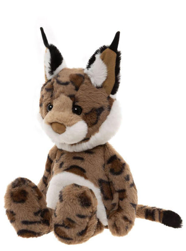 A plush toy of a spotted lynx with brown fur, black spots, white accents, and black-tipped ears, shown against a plain white background.