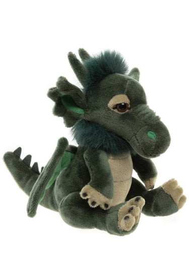 A plush toy dragon in dark green with a lighter beige underbelly and cream-colored claws, sitting against a solid white background.