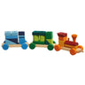 A wooden pull along stacking train with three carriages in bright colours on a white background. 