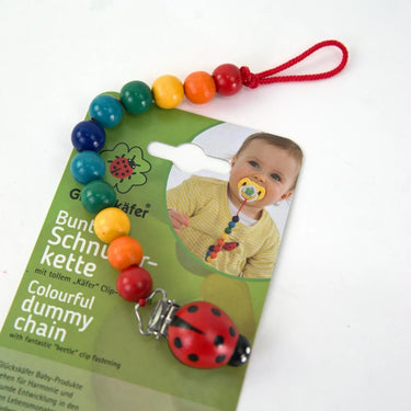 A colourful wooden dummy clip on a green cardboard card on a white background  