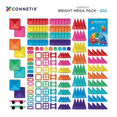 Connetix Bright Mega Pack - 202 toy set contents layout on a white background, showing many colorful magnetic building pieces and a small Connetix box cover.