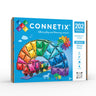 Connetix Bright Mega Pack toy set box containing 202 magnetic tiles, shown on a clean white background. The packaging features a bright blue front with a colorful graphic of a rainbow arch structure and a toy truck built from the tiles.