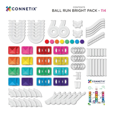 Connetix Ball Run Bright Pack contents layout showing multiple white plastic track pieces, colorful magnetic blocks, rings, and small accessories on a white background, with the Connetix logo and pack number visible.