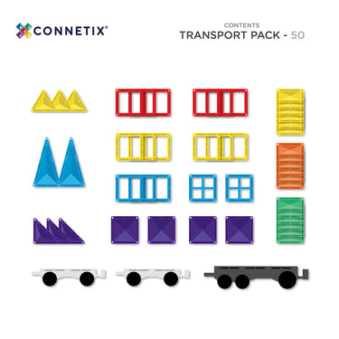 Connetix Transport Pack contents layout showing 50 magnetic building pieces in yellow, blue, red, orange, green, purple, and black cargo cars on a white background.