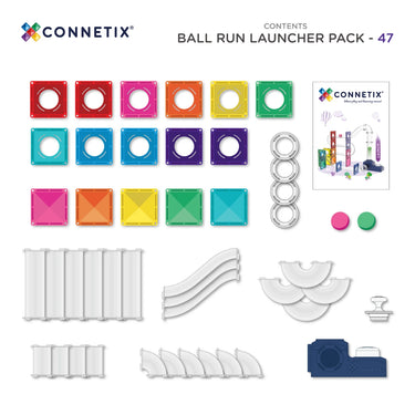 Connetix Ball Run Launcher Pack contents layout on a white background, showing colorful square launcher tiles, white track pieces, metal rings, two round balls, and the product box.
