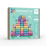 Connetix Pastel Creative Pack magnetic tiles box, featuring a colorful illustration of a castle built from pastel-colored tiles on a mint green background.