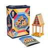 Kapla Wooden Building Planks in the 200 Plank Summer Box Set with a booklet and structure built with the blocks against a white background.
