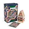 The Kapla Challenge Wooden Building Planks in the Spring Box with a temple build of the blocks and a booklet against a white background 
