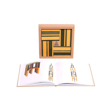 A brown box green and yellow wooden with an open book showing designs you can make with the planks, on a white background