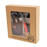 A cardboard box that says Kids At Work that has tools and tool belt on a white background.
