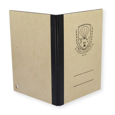 A kraft paper binder with a black spine. The front cover features a black printed crest along with two blank lines for writing.