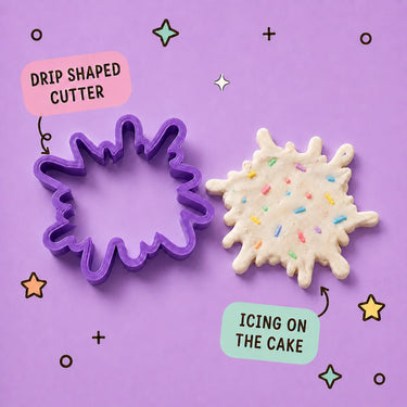 A purple drip-shaped cookie cutter shown next to a drip-shaped iced cake with colorful sprinkles on a lavender background, with text labels reading 'DRIP SHAPED CUTTER' and 'ICING ON THE CAKE'.