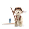 Stuffed animal mouse in a fishing outfit with a rod and fish on a white background