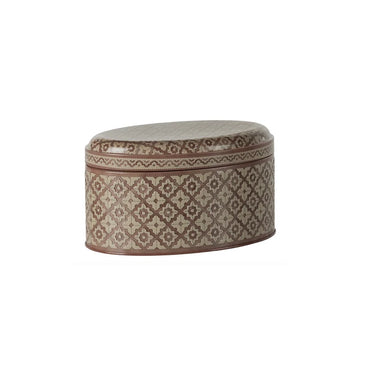 An oval-shaped decorative storage box with a lid, featuring a brown geometric lattice pattern on a beige background, isolated on a white background.