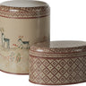 Two decorative metal canisters with lids, shown on a plain white background. The taller canister features a beige winter landscape with deer and small trees, while the shorter canister in front has a brown geometric lattice pattern on a beige background.