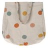 Beige tote bag with colorful polka dot pattern on a white background