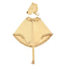 A children's lion costume set in light tan faux leather, featuring a cape with gold fringe trim, a matching lion headpiece, and a long tassel tail, displayed on a solid white background.