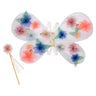 Butterfly-shaped wings with organza floral design and gold sparkly straps with a white and pink flower wand with streamers, on a white background