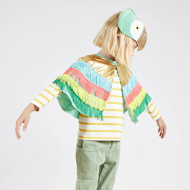 Person wearing a colorful striped shirt with fringes, green pants, and a parrot hat on a white background