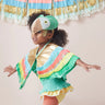 Child wearing a colorful costume with a bird mask against a neutral background
