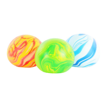 Three colorful marbled squishy sensory balls on a white background
