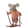 Maileg Stuffed mouse toy in a sweater and shorts with skis on a white background