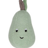 Knitted pear-shaped toy with a face on a white background