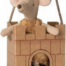 Mouse figurine with a crown on top of a paper castle box, hanging by a rope.