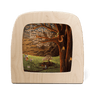 Toverlux April silhouette by Nathaniel Santa Cruz, 19 × 19 cm, a squirrel reading in a blossoming tree